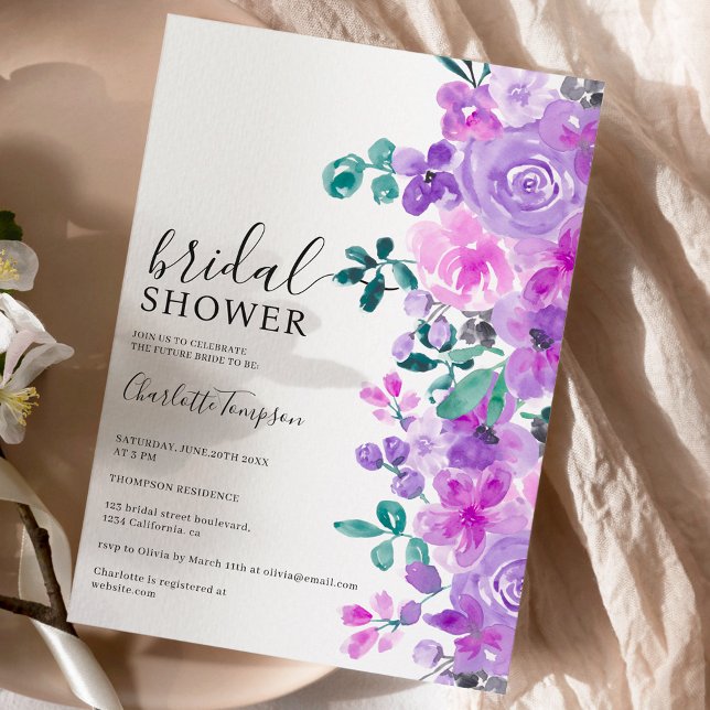 Romantic purple flowers lavender bridal shower invitation (Creator Uploaded)