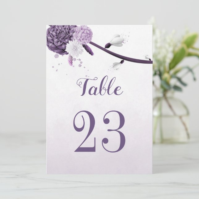 romantic purple flowers table number card (Standing Front)