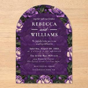Romantic Purple Gardenias Minimalist Wedding Acrylic Invitations