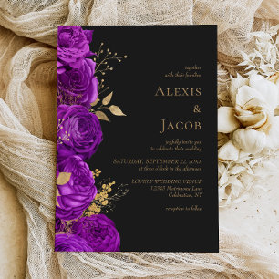 Romantic Purple Gold Dark Floral Wedding Invitation