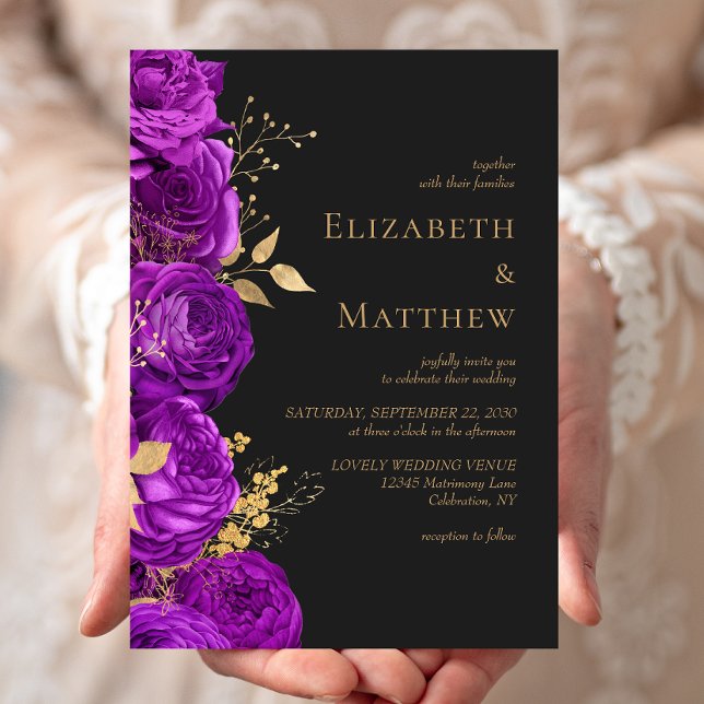 Romantic Purple Gold Dark Floral Wedding Invitation (Creator Uploaded)
