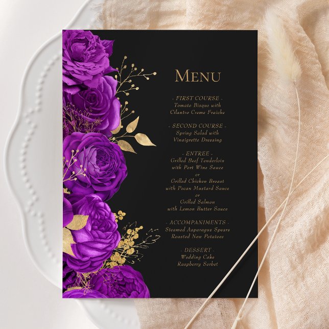 Romantic Purple Gold Dark Floral Wedding Menu (Creator Uploaded)