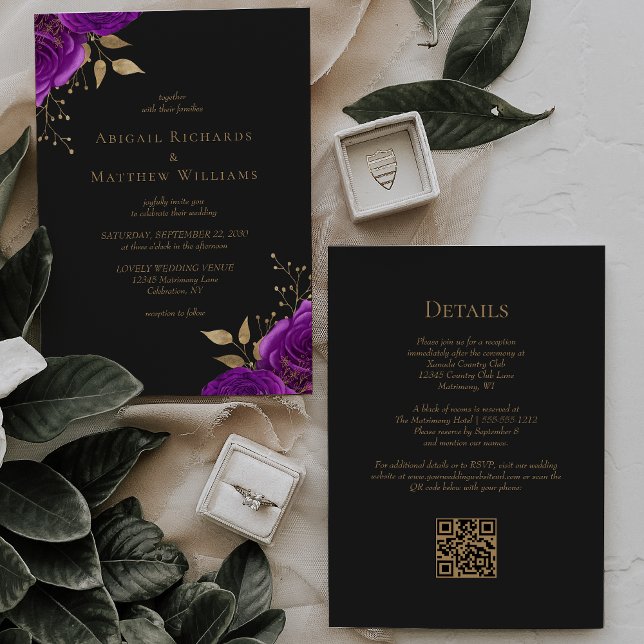 Romantic Purple Gold Floral Dark QR Code Wedding Invitation (Creator Uploaded)