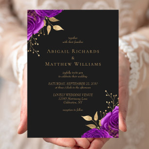 Romantic Purple Gold Floral Dark Wedding Invitation