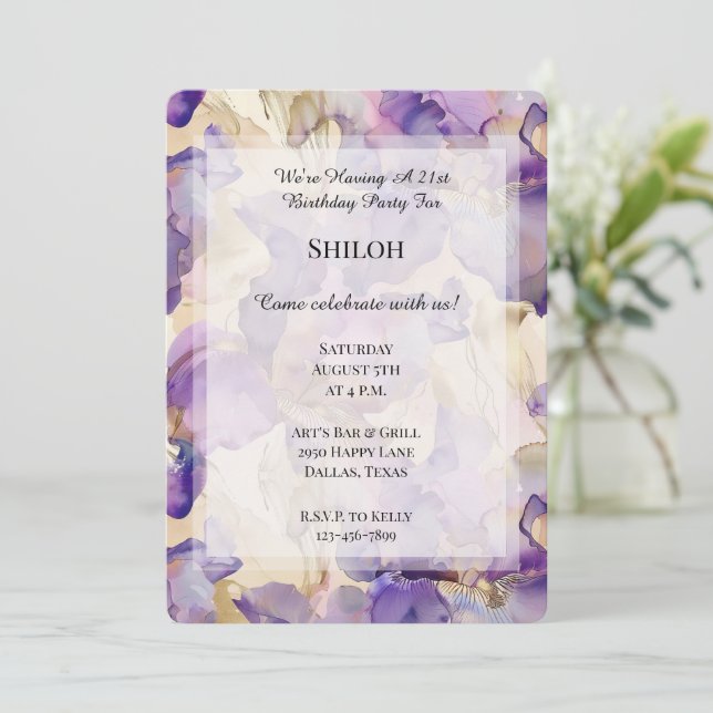 Romantic Purple Gold Iris Floral Birthday Invitation (Standing Front)