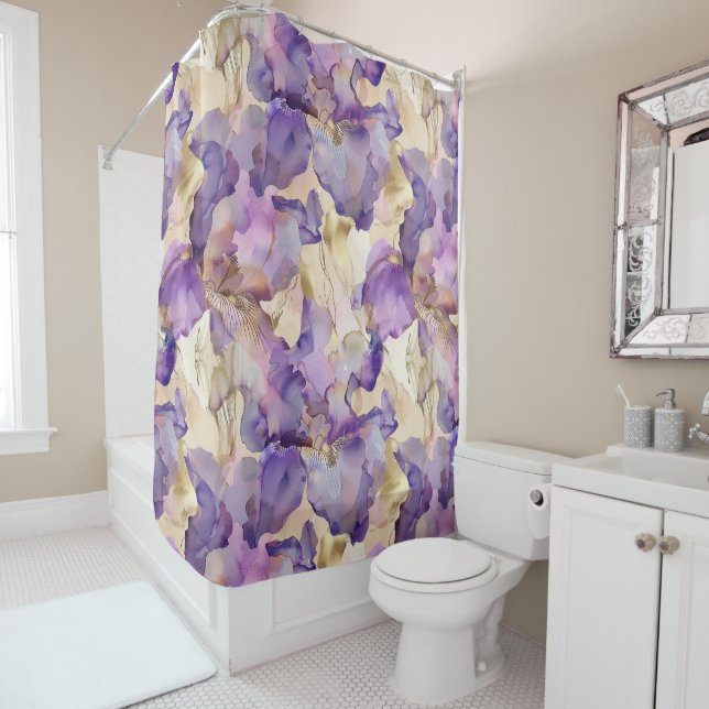 Romantic Purple Gold Iris Floral Bridal Shower Curtain (In Situ)