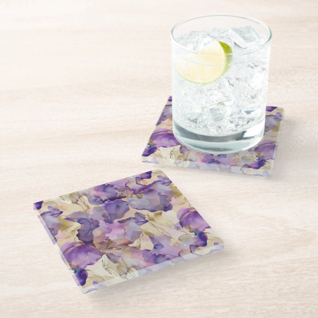 Romantic Purple Gold Iris Floral Bridal Shower Glass Coaster (Angled)
