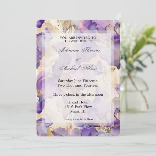 Romantic Purple Gold Iris Floral Wedding Invitation (Standing Front)