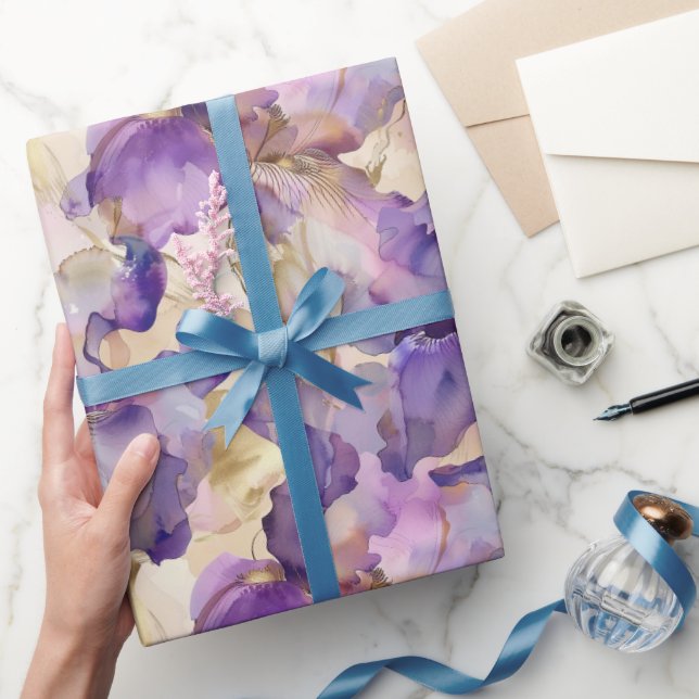 Romantic Purple Gold Iris Floral Wedding Wrapping Paper (Gifting)