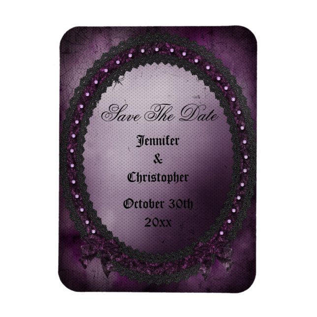 Romantic Purple Gothic Frame Save The Date Wedding Magnet (Vertical)