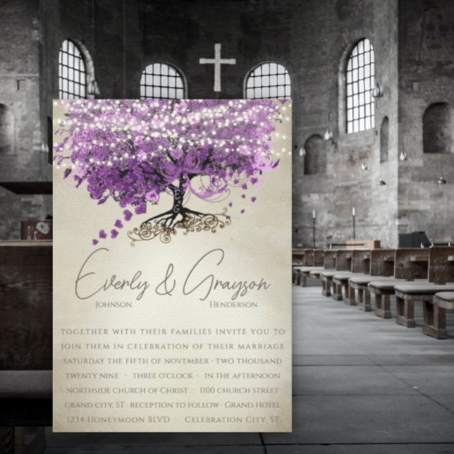 Romantic Purple Heart Leaf Tree Wedding Invitation (Creator Uploaded)