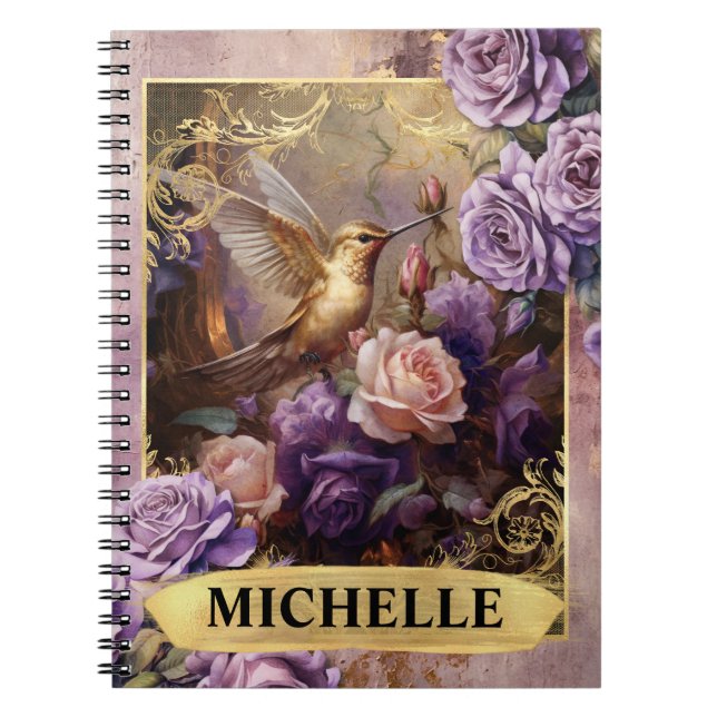 Romantic Purple Hummingbird and Roses Fantasy Notebook (Front)