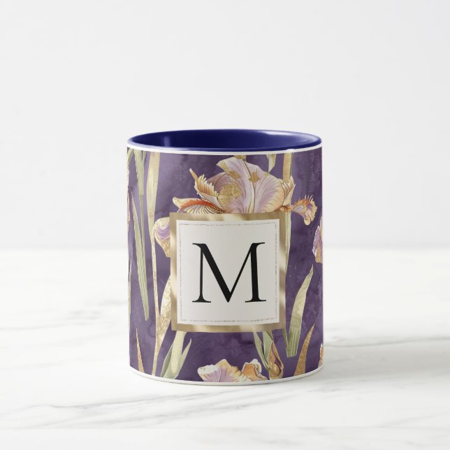 Romantic Purple Iris Floral Gold monogram Mug (Center)