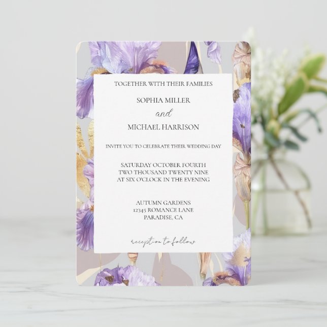 Romantic Purple Iris Floral Wedding Invitation (Standing Front)