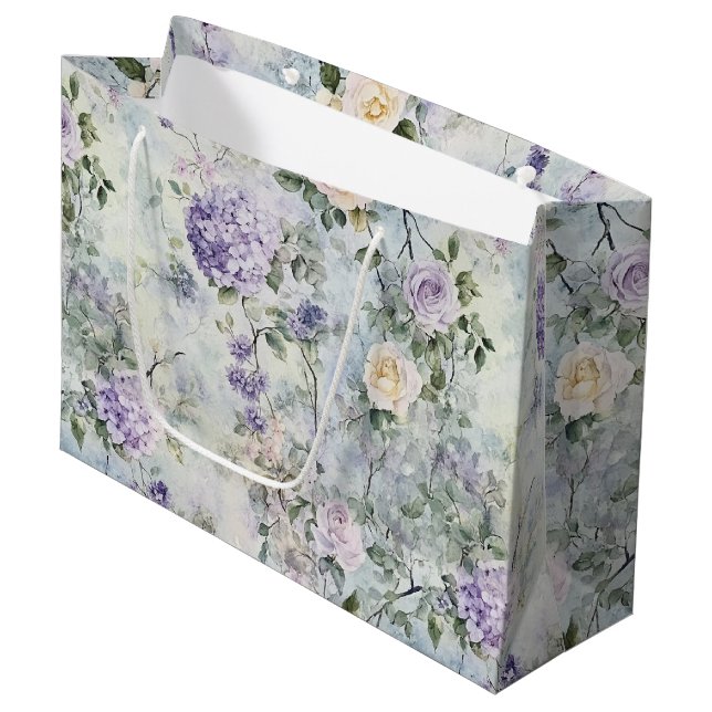 Romantic Purple Lavender Cream Floral Wedding Large Gift Bag (Front Angled)