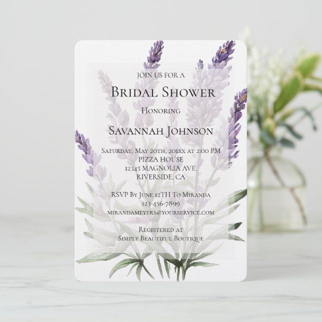 Romantic Purple Lavender Flowers Bridal Shower Invitation (Standing Front)