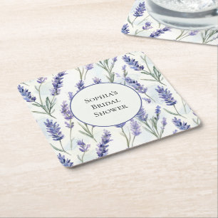 Romantic Purple Lavender Flowers Bridal Shower Square Paper Coaster