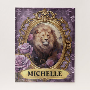 Romantic Purple Lion and Roses Fantasy Jigsaw Puzzle