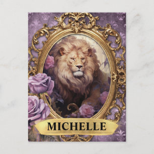 Romantic Purple Lion and Roses Fantasy Postcard