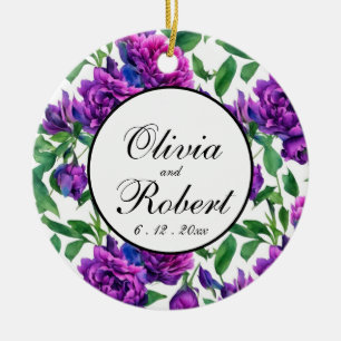 Romantic purple magenta pink watercolor peonies  ceramic ornament