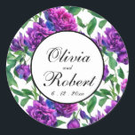 Romantic purple magenta pink watercolor peonies  classic round sticker<br><div class="desc">Romantic purple magenta pink watercolor peonies. Perfect for spring, summer, or fall events. Beautiful purple peony watercolor artwork for country, boho, garden, and floral theme occasions. To get started changing names and event details, click on "Personalise this template" and edit the wording in the template boxes. To access the more...</div>