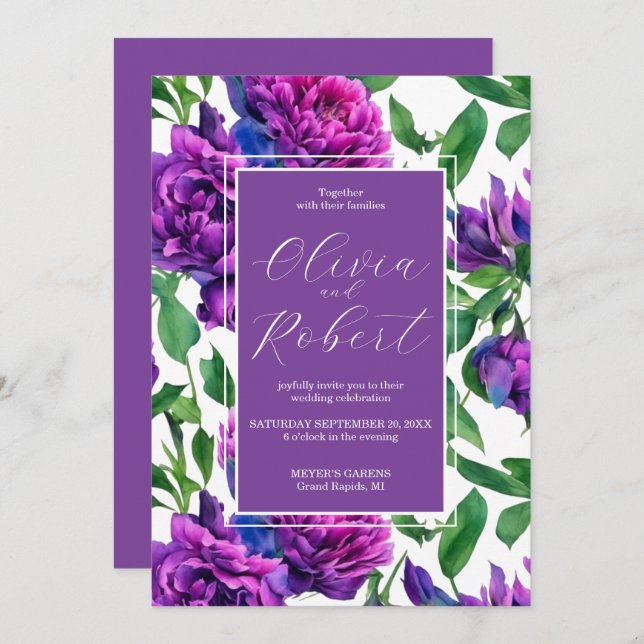 Romantic purple magenta pink watercolor peonies  invitation (Front/Back)