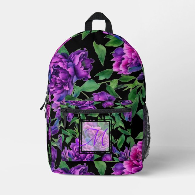 Romantic purple magenta pink watercolor peonies  printed backpack (Front)