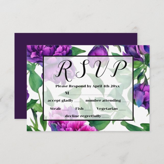 Romantic purple magenta pink watercolor peonies  RSVP card (Front/Back)
