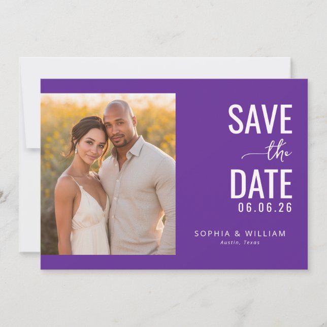 Romantic Purple Modern Photo Save The Date (Front)