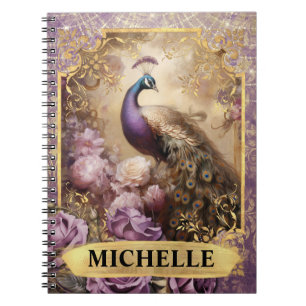 Romantic Purple Peacock and Roses Fantasy Notebook