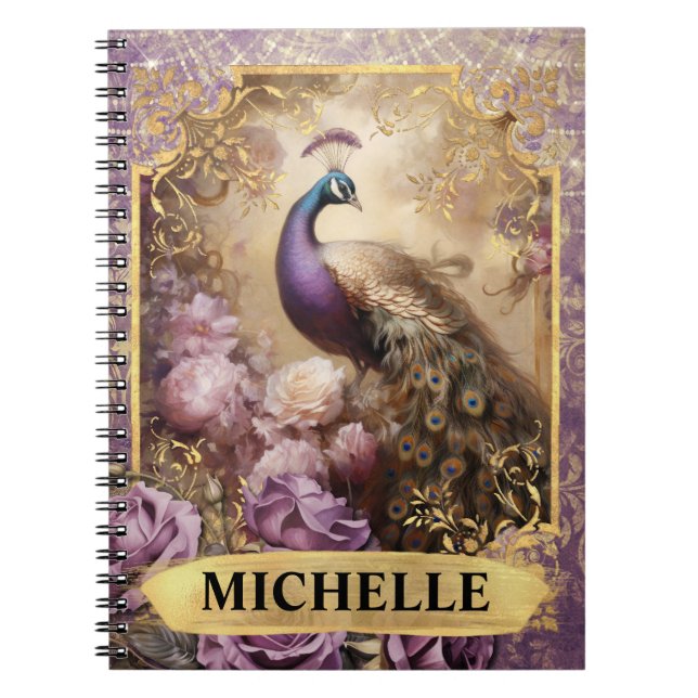 Romantic Purple Peacock and Roses Fantasy Notebook (Front)
