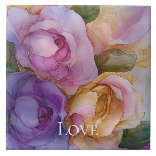 Romantic Purple Pink Gold Floral Love Ceramic Tile