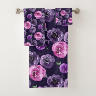 Romantic Purple & Pink Watercolor Roses Floral Bath Towel Set