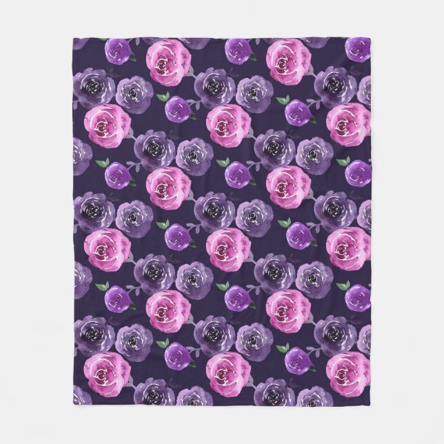 Romantic Purple & Pink Watercolor Roses Floral Fleece Blanket (Front)