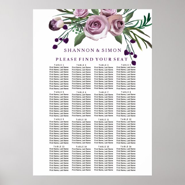 Romantic Purple Plum Floral Wedding Seating Chart (Front)