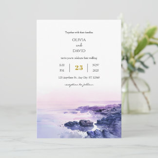 Romantic Purple Rocky Shoreline Dusk Beach Wedding Invitation