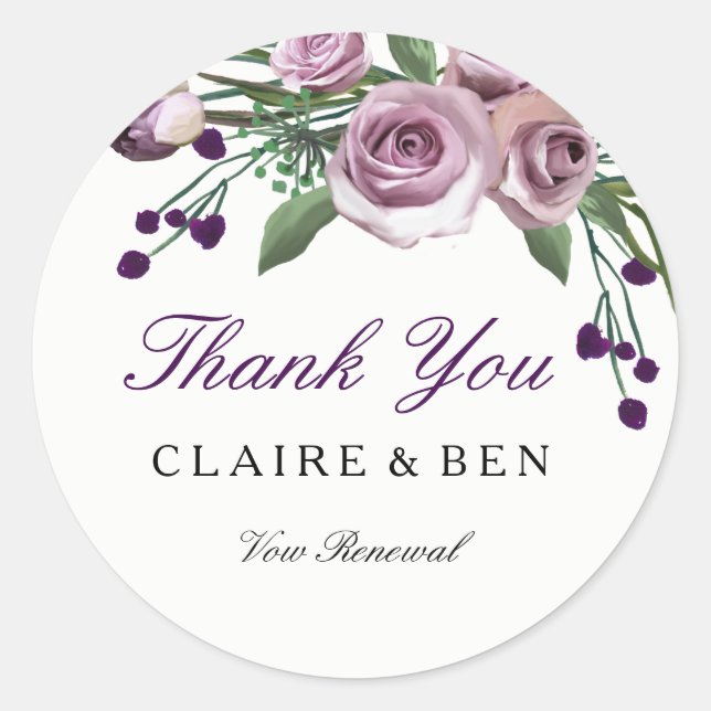 Romantic Purple Rose Vow renewal Thank you sticker (Front)