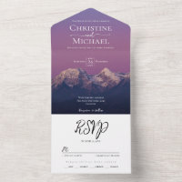 Romantic purple sunset snowy mountains wedding