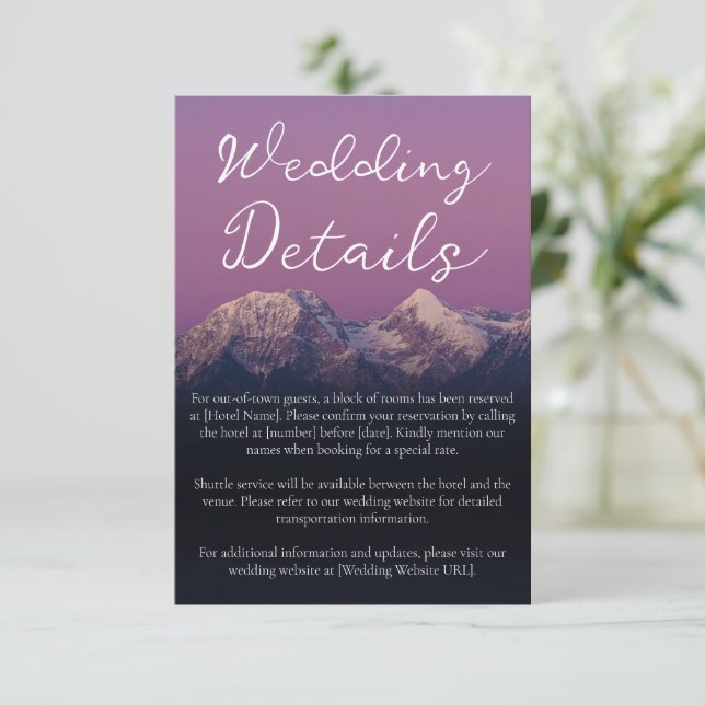 Romantic purple sunset snowy mountains wedding enclosure card (Standing Front)