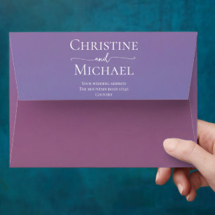 Romantic purple sunset snowy mountains wedding envelope