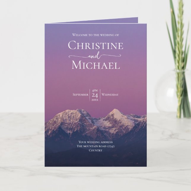 Romantic purple sunset snowy mountains wedding program (Front)