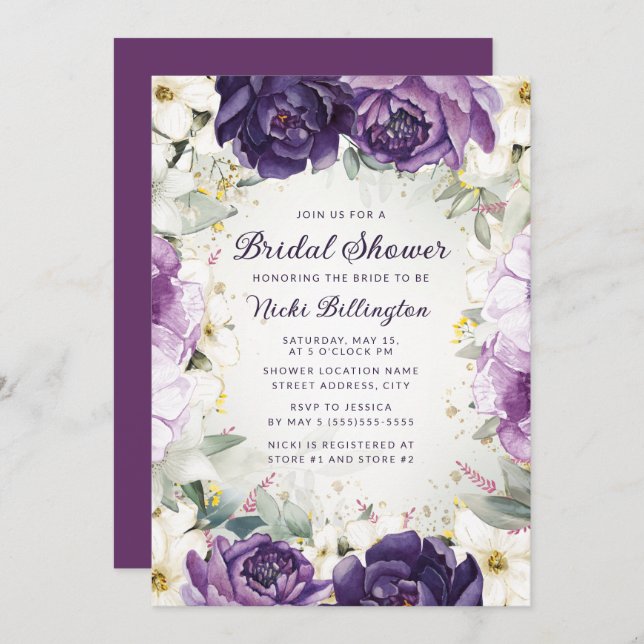 Romantic Purple White Floral Glitter Bridal Shower Invitation (Front/Back)