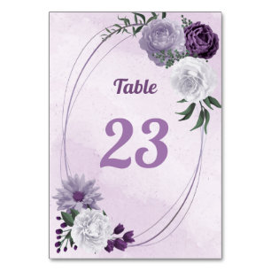 Romantic purple & white floral greenery  table number