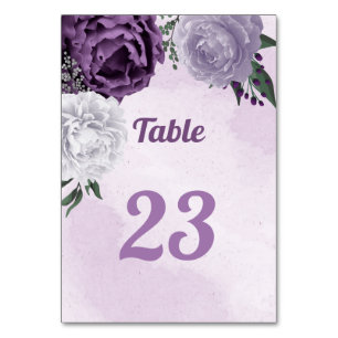 Romantic purple & white floral greenery table number