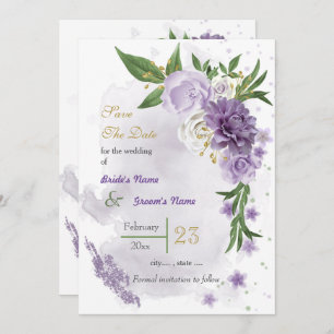 Romantic purple white flowers greenery save the date