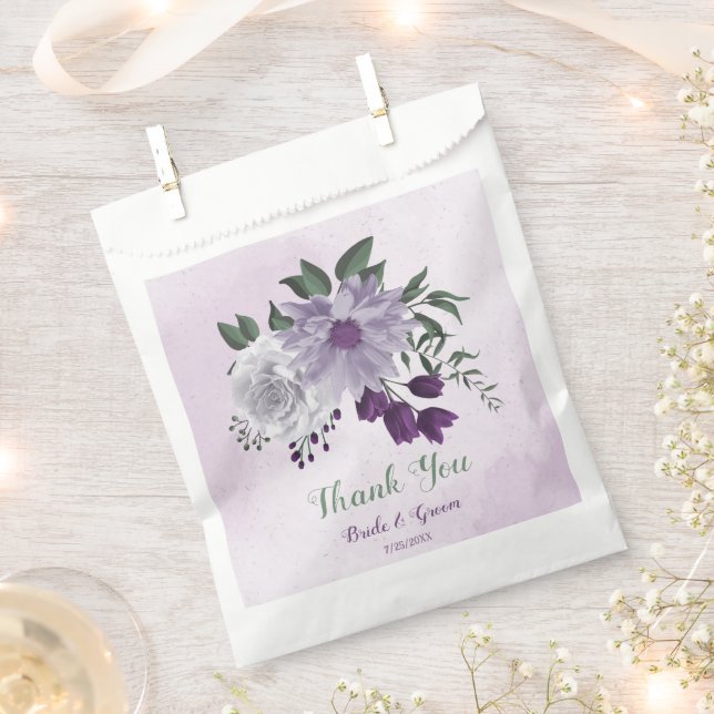 Romantic purple white flowers greenery wedding favour bag (Clipped)