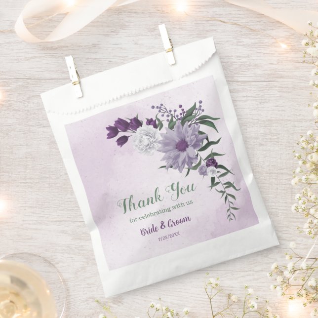Romantic purple white flowers greenery wedding favour bag (Clipped)