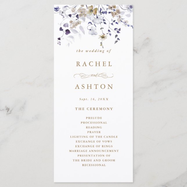 Romantic Purple White Gold Floral Wedding Ceremony Program (Front)