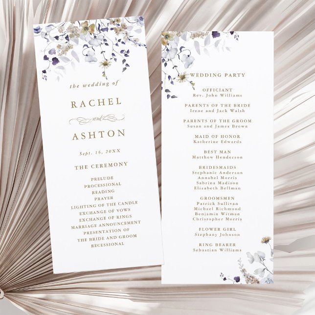 Romantic Purple White Gold Floral Wedding Ceremony Program (Front & Back)