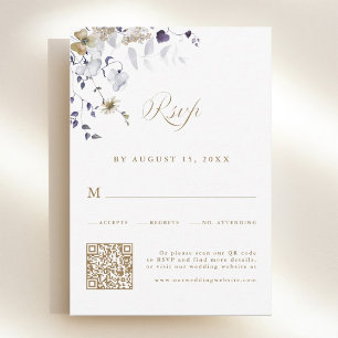 Romantic Purple White Gold Floral Wedding QR Code RSVP Card